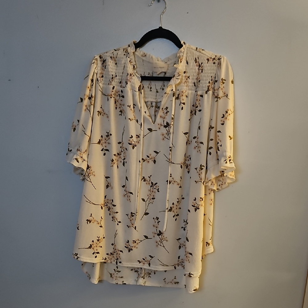 MELLODAY Cream and Black Ruffled 3/4 Sleeve Blouse
